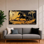 Panoramic painting of a powerful black horse galloping across a golden desert landscape with a palm tree.