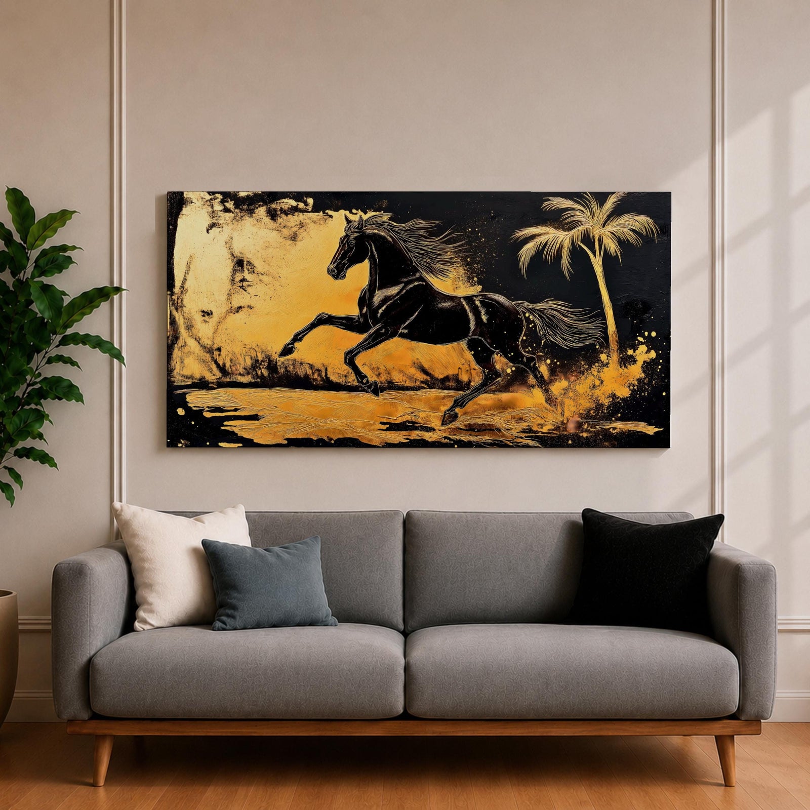 Panoramic painting of a powerful black horse galloping across a golden desert landscape with a palm tree.