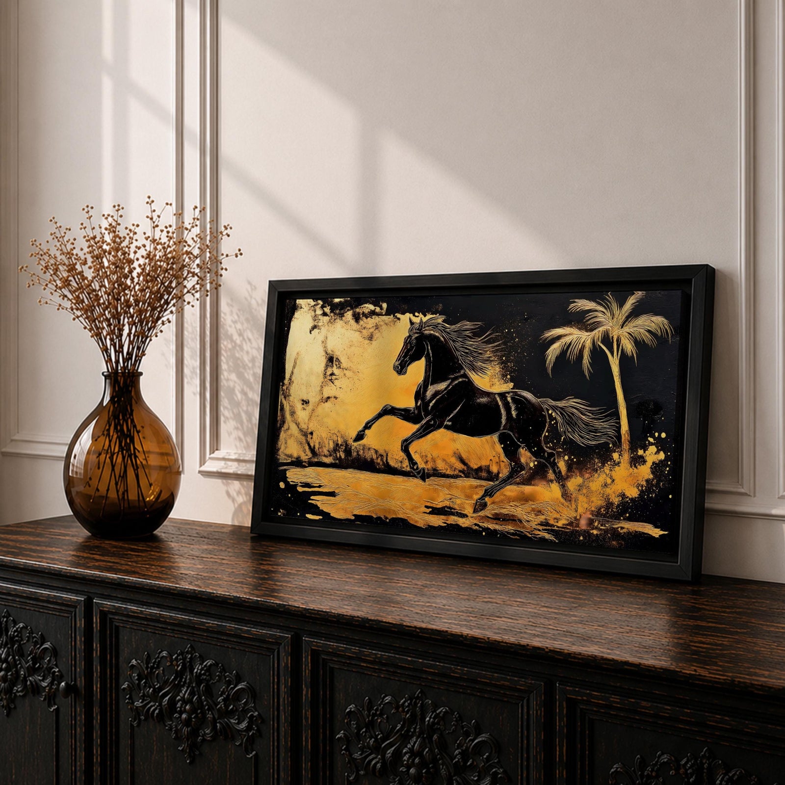 Panoramic painting of a powerful black horse galloping across a golden desert landscape with a palm tree.