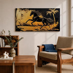 Panoramic painting of a powerful black horse galloping across a golden desert landscape with a palm tree.
