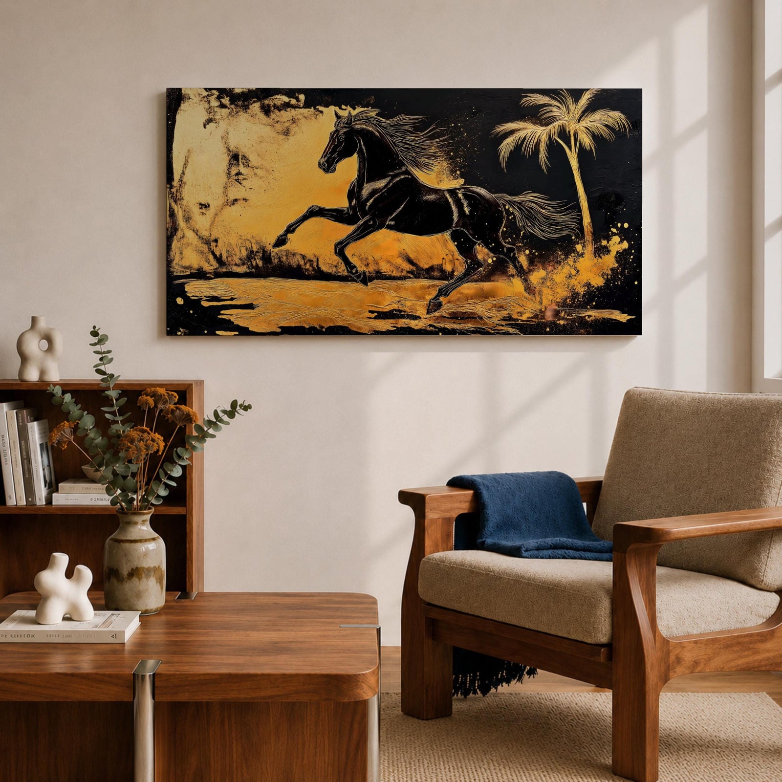 Panoramic painting of a powerful black horse galloping across a golden desert landscape with a palm tree.