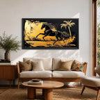 Panoramic painting of a powerful black horse galloping across a golden desert landscape with a palm tree.