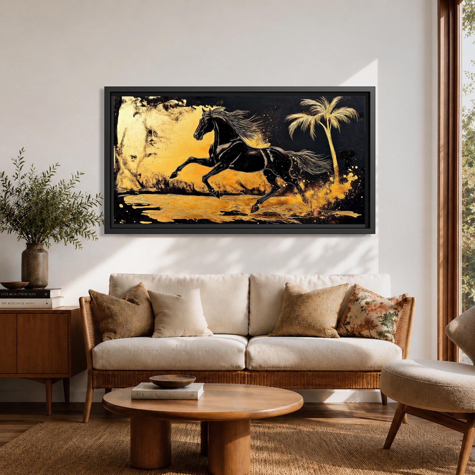 Panoramic painting of a powerful black horse galloping across a golden desert landscape with a palm tree.
