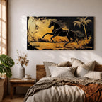 Panoramic painting of a powerful black horse galloping across a golden desert landscape with a palm tree.