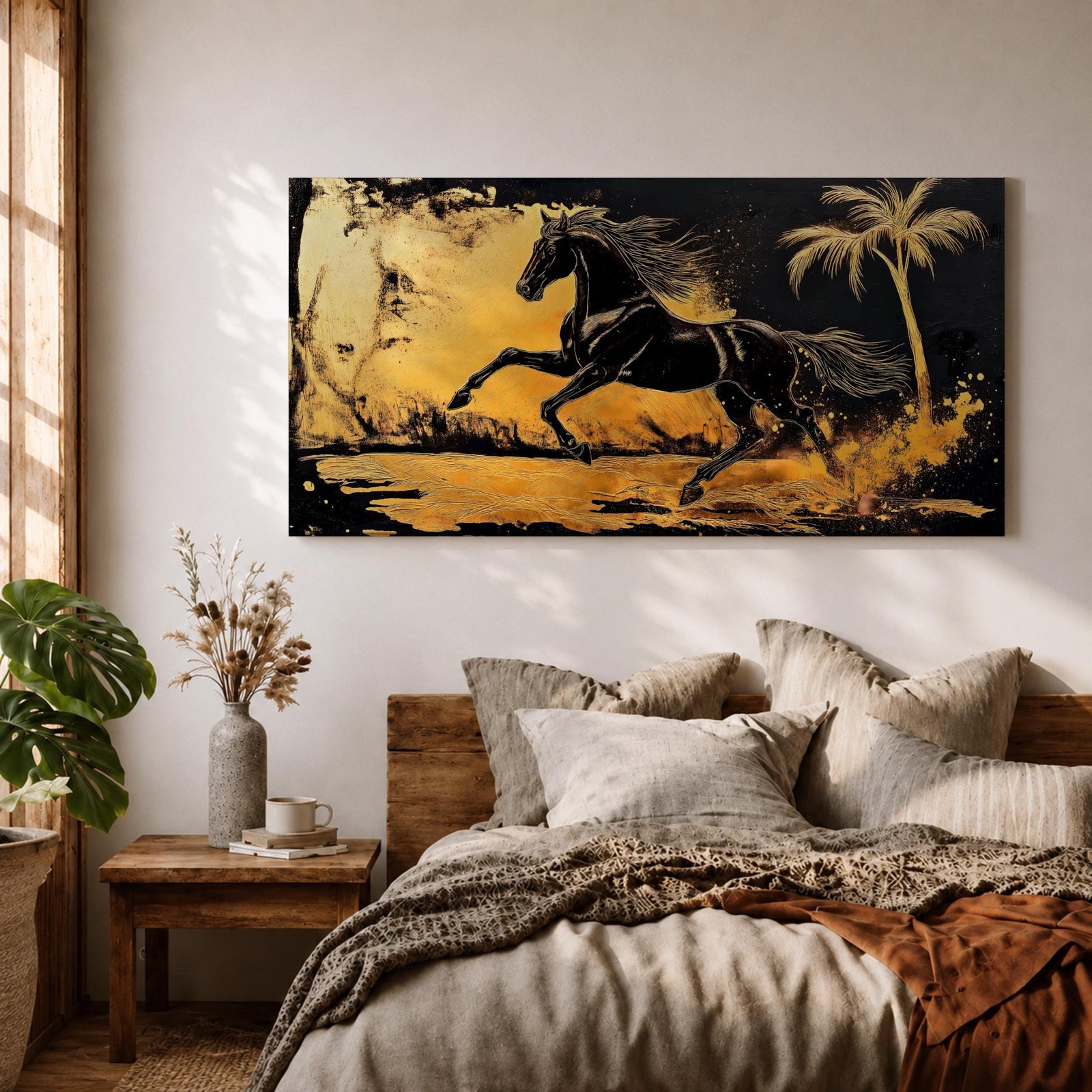 Panoramic painting of a powerful black horse galloping across a golden desert landscape with a palm tree.