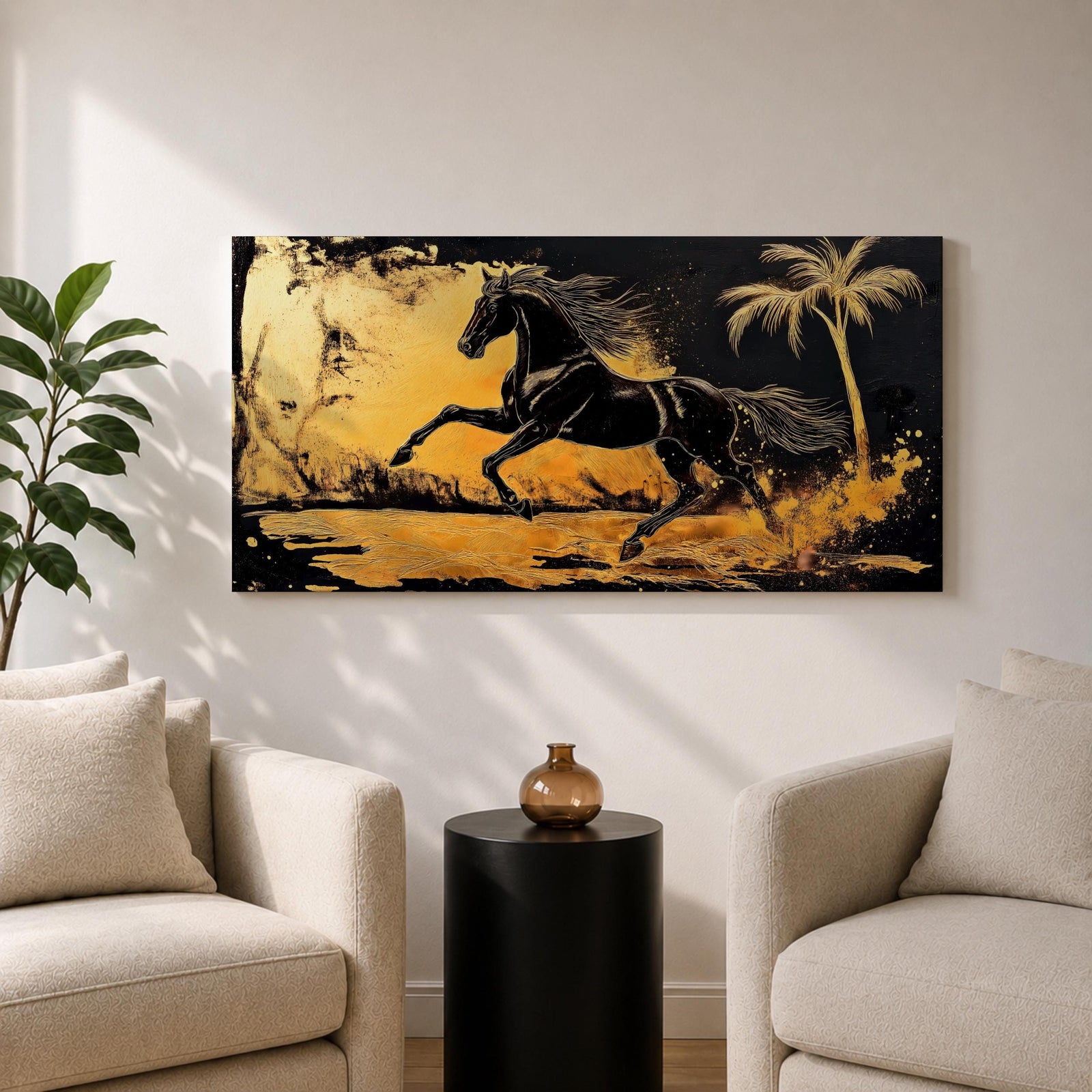 Panoramic painting of a powerful black horse galloping across a golden desert landscape with a palm tree.