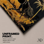 Panoramic painting of a powerful black horse galloping across a golden desert landscape with a palm tree.