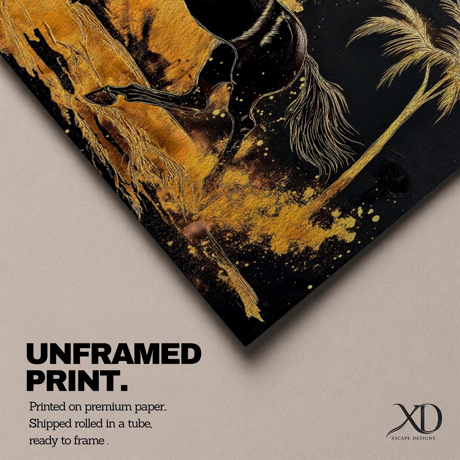 Panoramic painting of a powerful black horse galloping across a golden desert landscape with a palm tree.