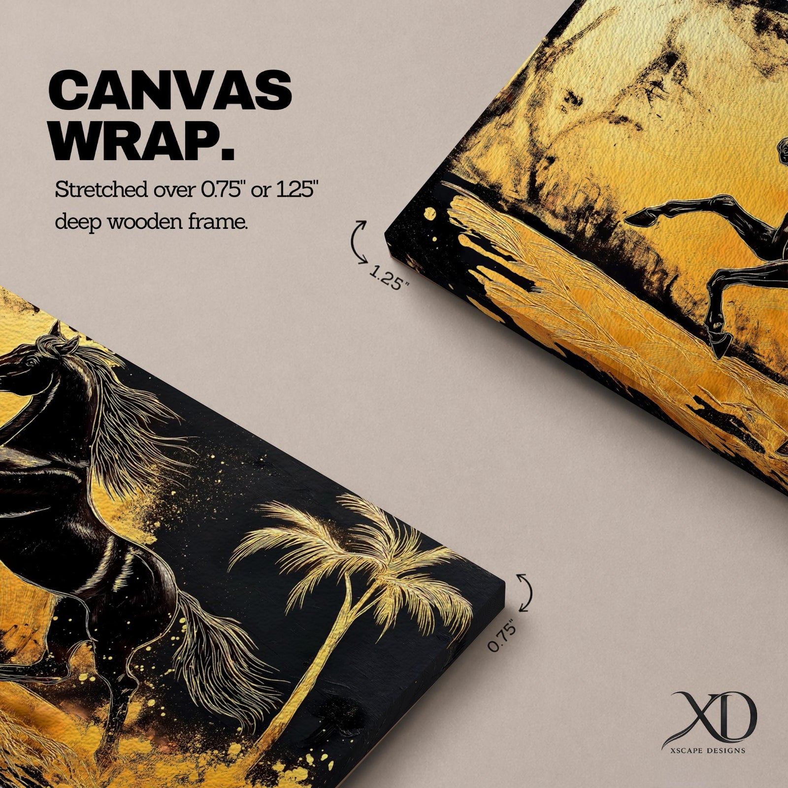 Panoramic painting of a powerful black horse galloping across a golden desert landscape with a palm tree.