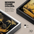 Panoramic painting of a powerful black horse galloping across a golden desert landscape with a palm tree.