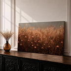 Panoramic painting of a rustic meadow filled with wildflowers and tall grasses in warm earthy tones.