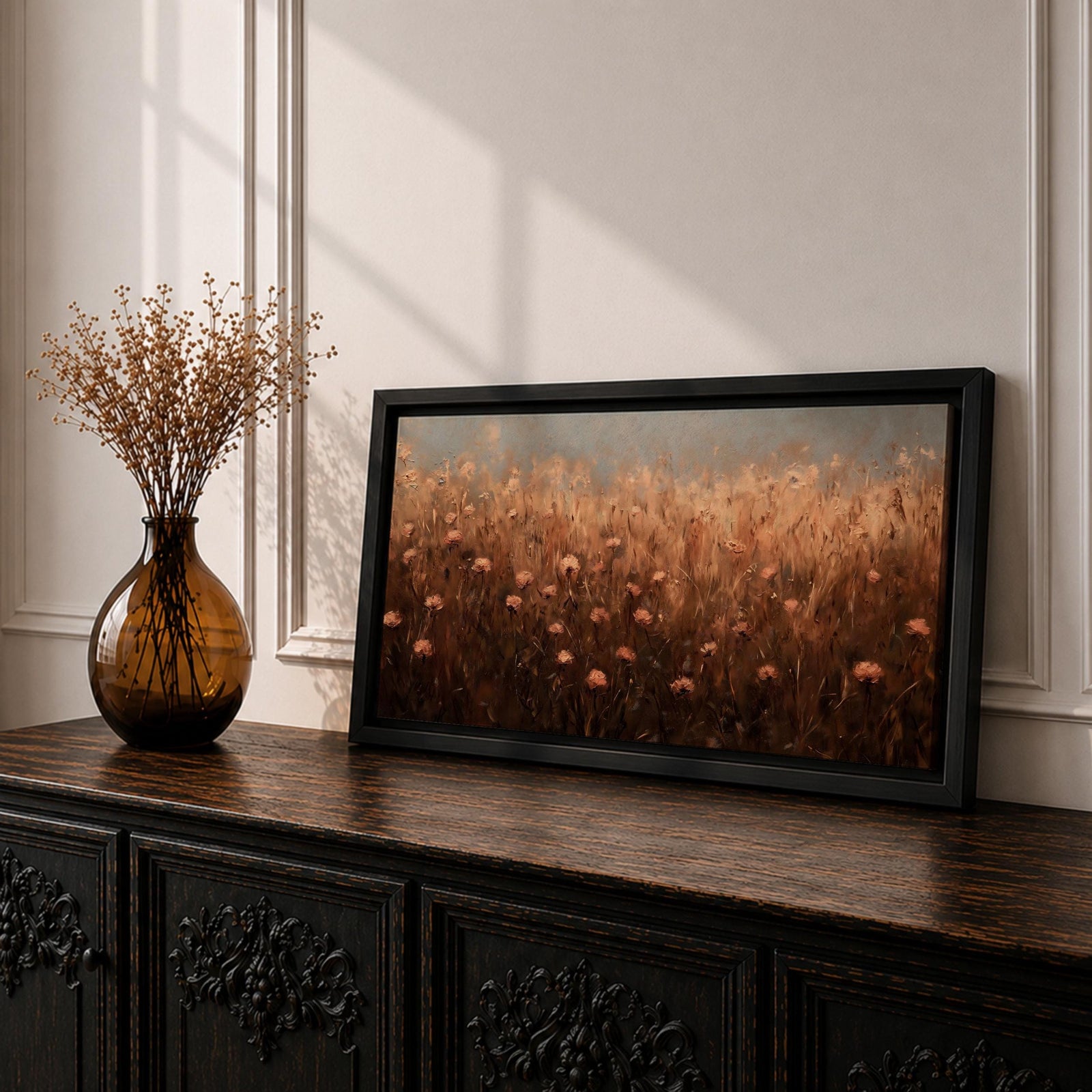 Panoramic painting of a rustic meadow filled with wildflowers and tall grasses in warm earthy tones.