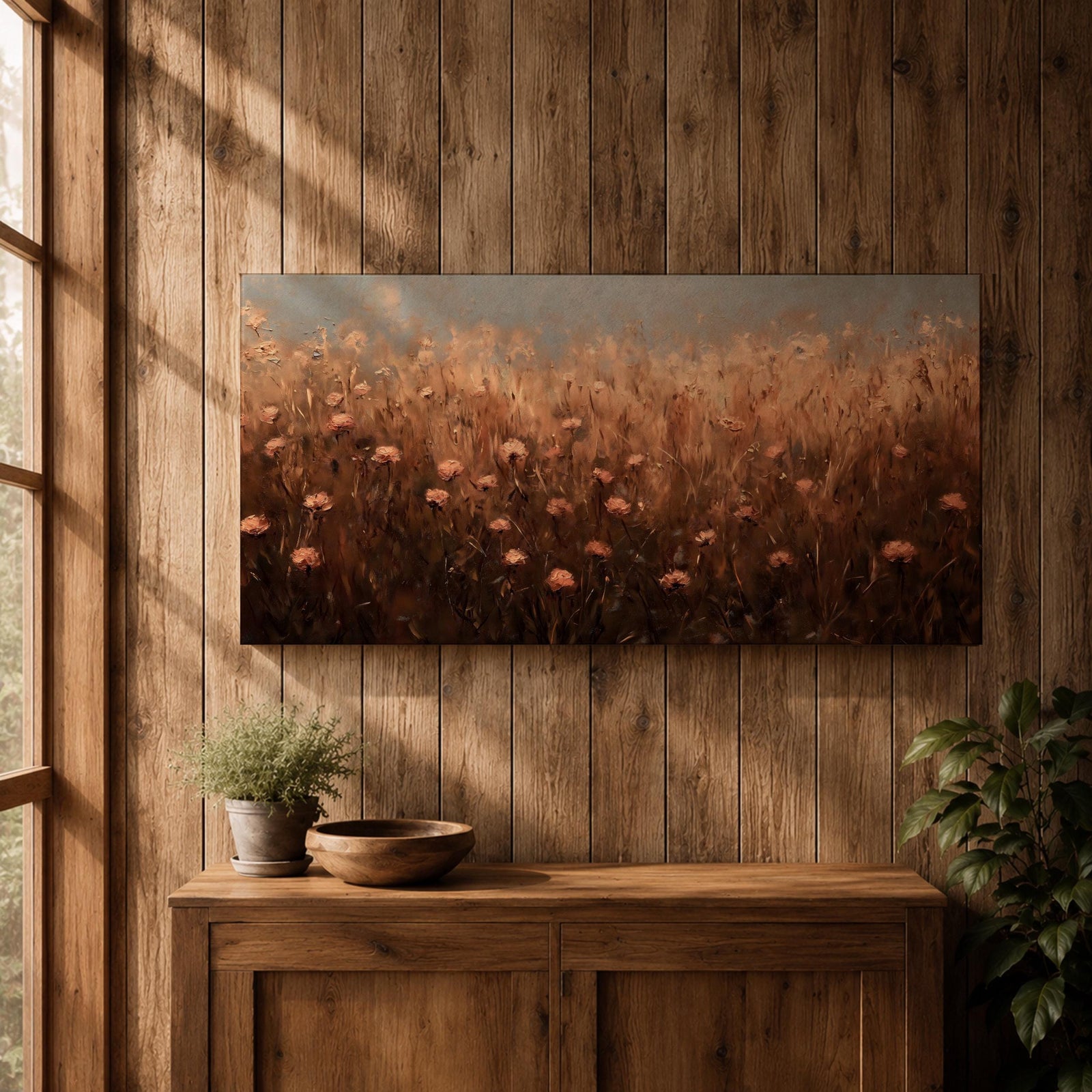 Panoramic painting of a rustic meadow filled with wildflowers and tall grasses in warm earthy tones.