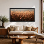 Panoramic painting of a rustic meadow filled with wildflowers and tall grasses in warm earthy tones.