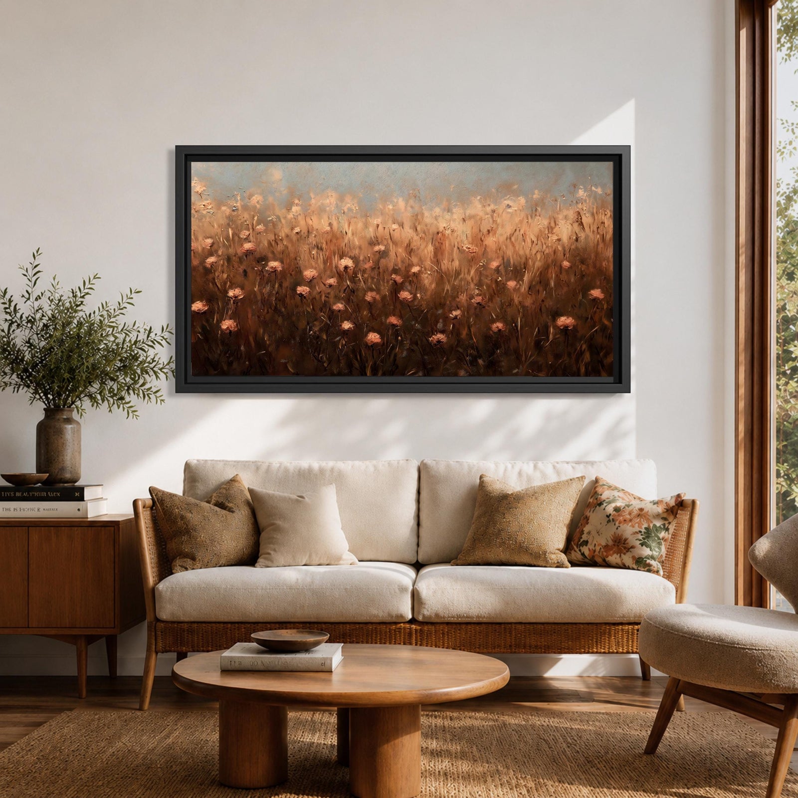 Panoramic painting of a rustic meadow filled with wildflowers and tall grasses in warm earthy tones.