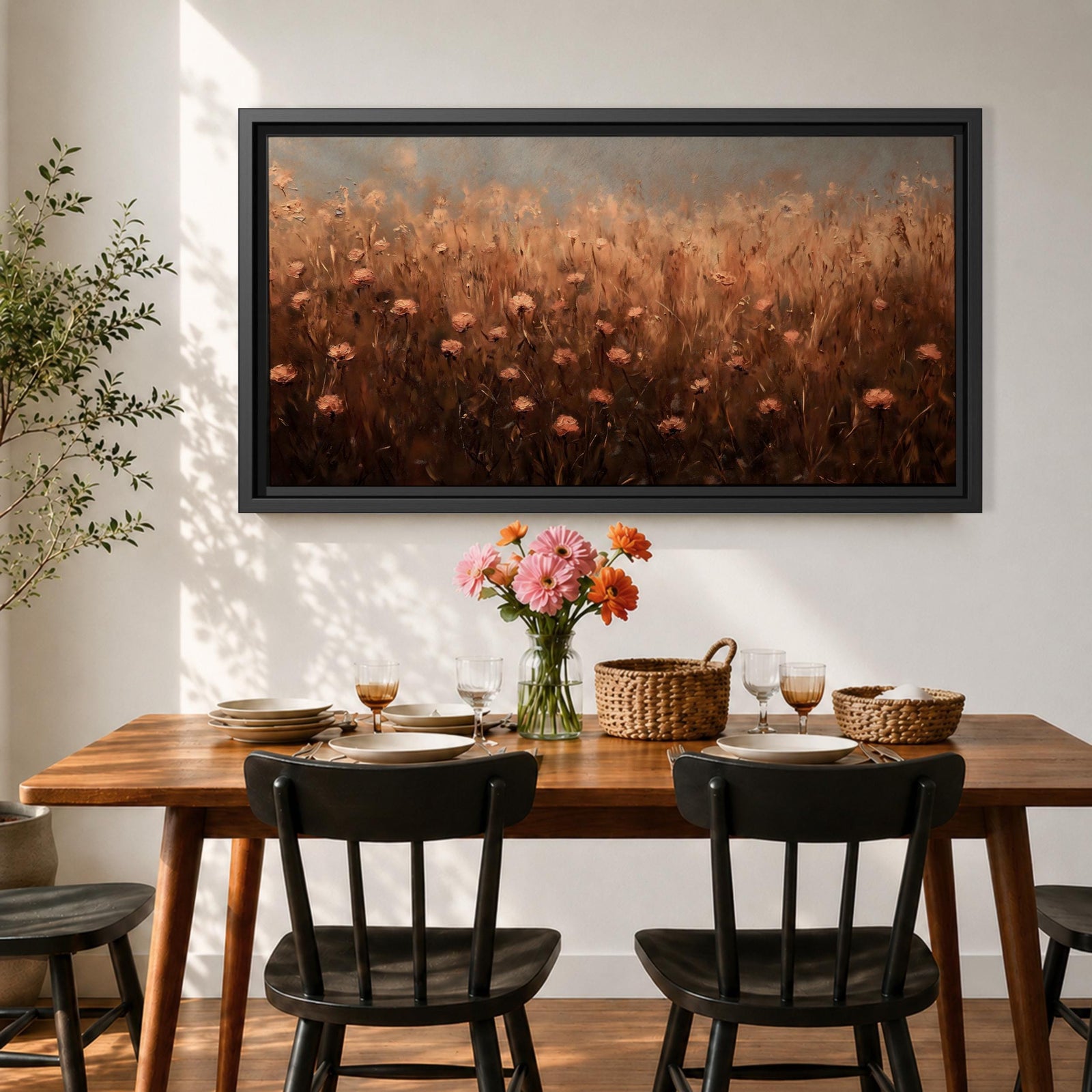 Panoramic painting of a rustic meadow filled with wildflowers and tall grasses in warm earthy tones.