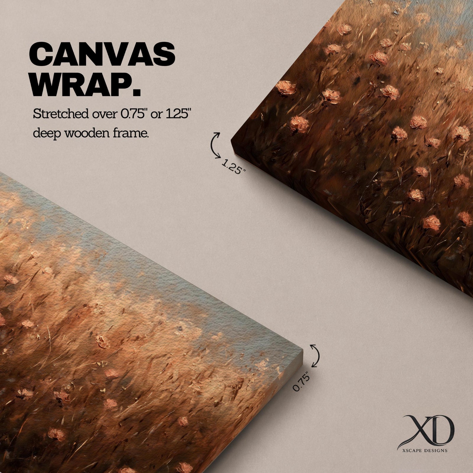 Panoramic painting of a rustic meadow filled with wildflowers and tall grasses in warm earthy tones.