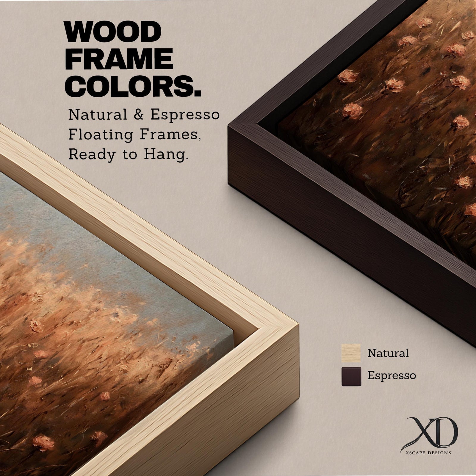 Panoramic painting of a rustic meadow filled with wildflowers and tall grasses in warm earthy tones.