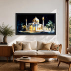 Panoramic painting of the Taj Mahal illuminated at night with glowing arches and golden dome.