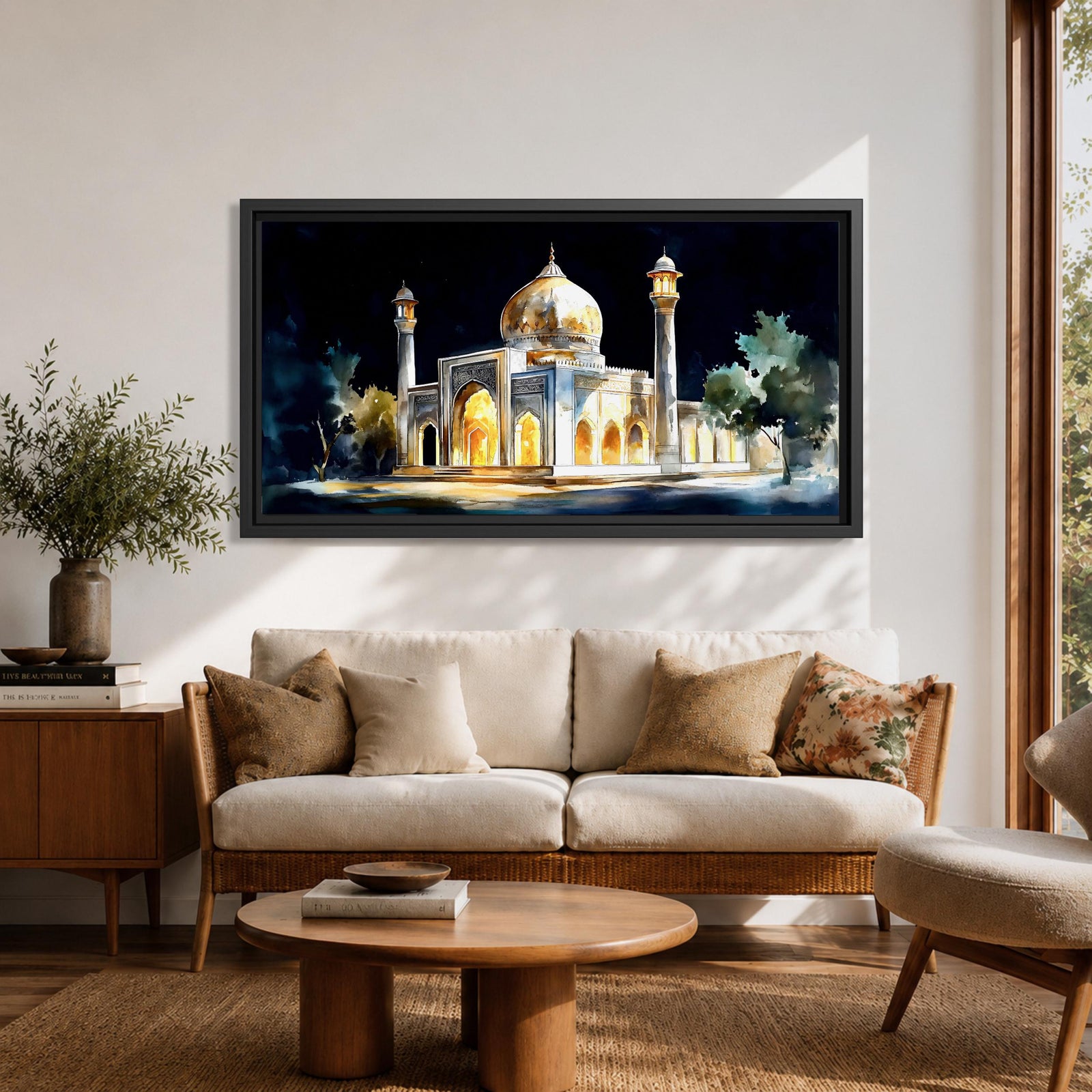 Panoramic painting of the Taj Mahal illuminated at night with glowing arches and golden dome.