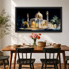 Panoramic painting of the Taj Mahal illuminated at night with glowing arches and golden dome.