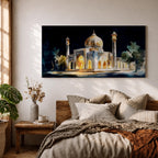 Panoramic painting of the Taj Mahal illuminated at night with glowing arches and golden dome.