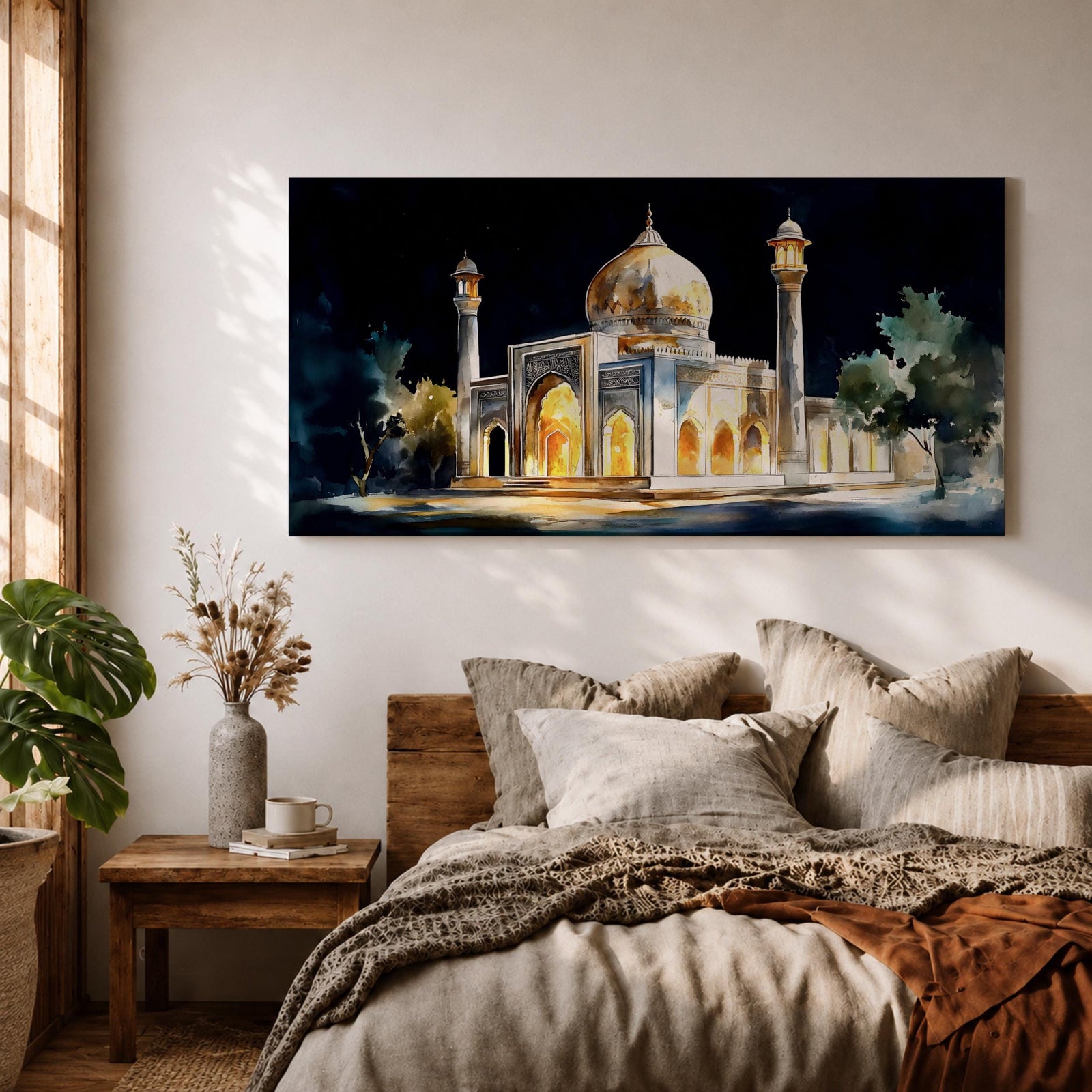 Panoramic painting of the Taj Mahal illuminated at night with glowing arches and golden dome.