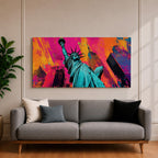 Panoramic pop art painting of the Statue of Liberty with colorful New York skyscrapers and vibrant urban background.