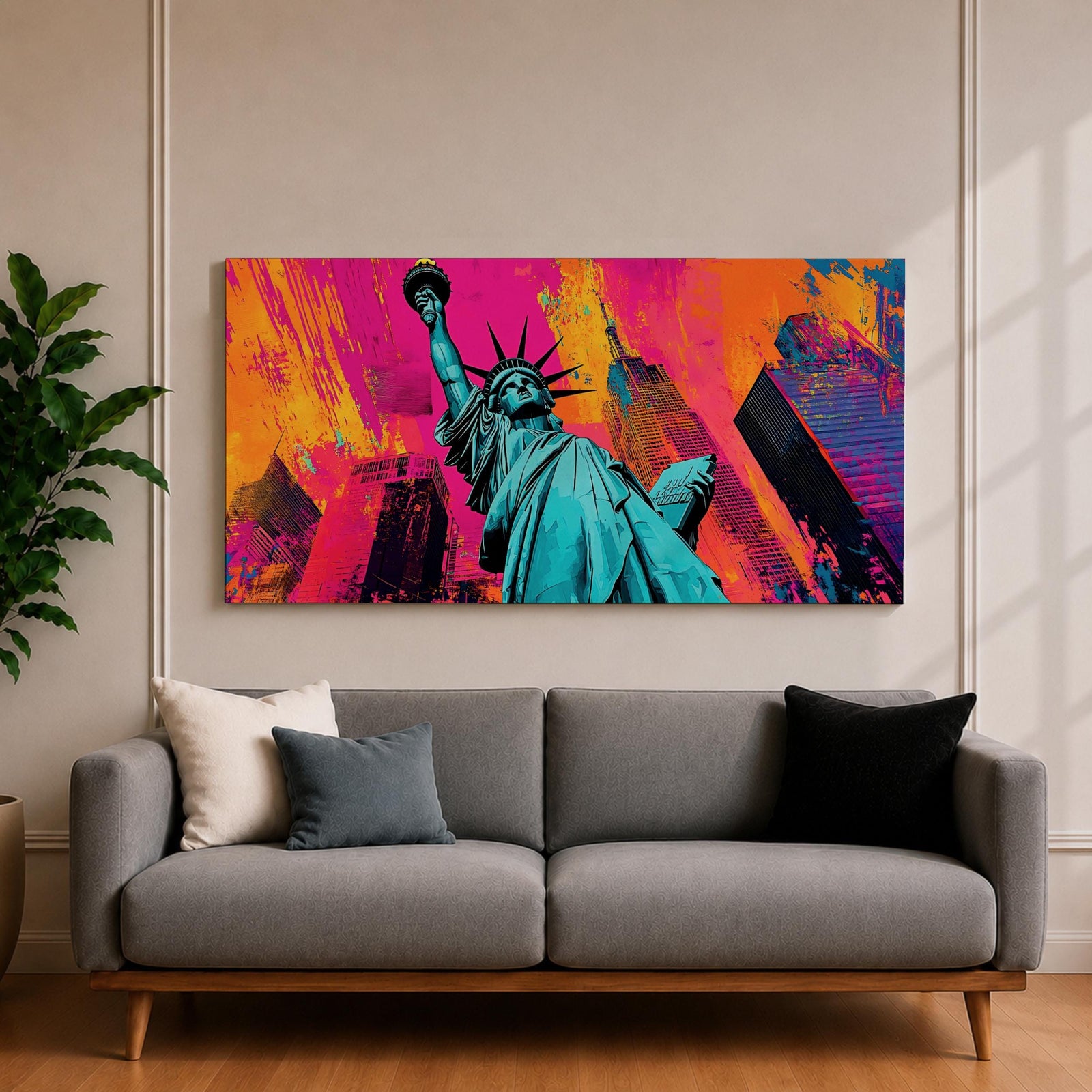 Panoramic pop art painting of the Statue of Liberty with colorful New York skyscrapers and vibrant urban background.