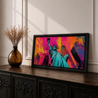 Panoramic pop art painting of the Statue of Liberty with colorful New York skyscrapers and vibrant urban background.