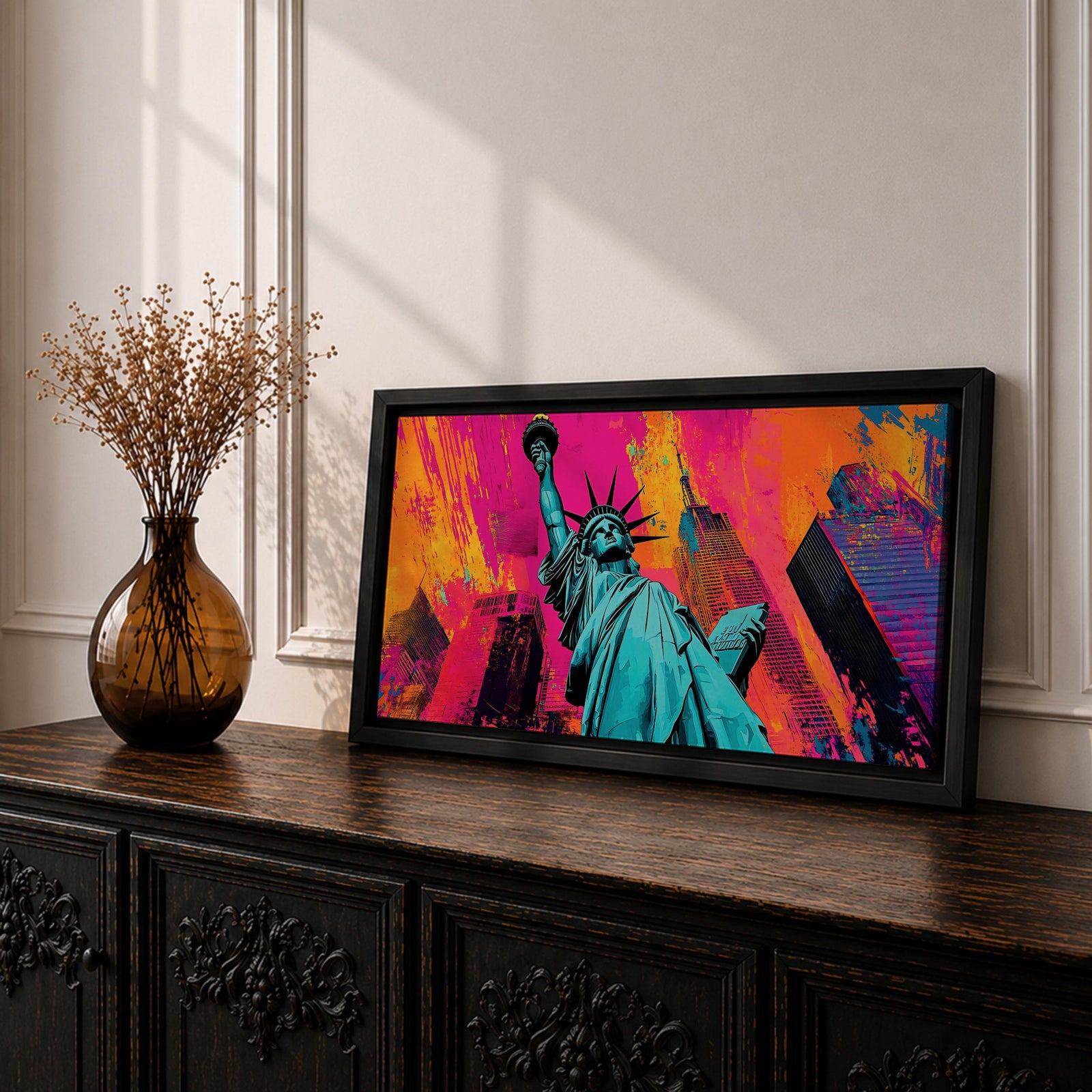 Panoramic pop art painting of the Statue of Liberty with colorful New York skyscrapers and vibrant urban background.