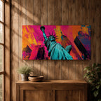 Panoramic pop art painting of the Statue of Liberty with colorful New York skyscrapers and vibrant urban background.