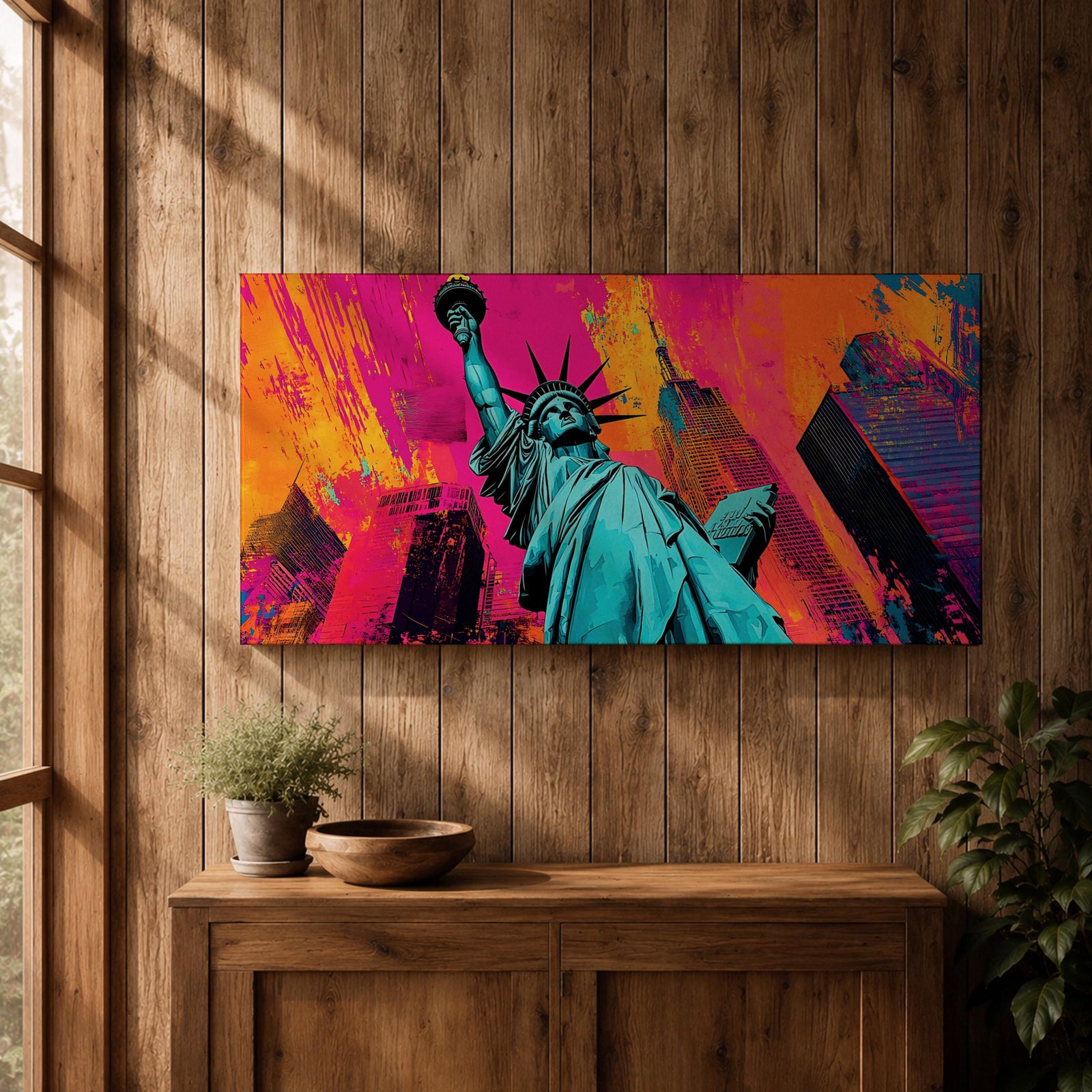 Panoramic pop art painting of the Statue of Liberty with colorful New York skyscrapers and vibrant urban background.