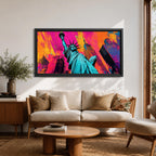 Panoramic pop art painting of the Statue of Liberty with colorful New York skyscrapers and vibrant urban background.