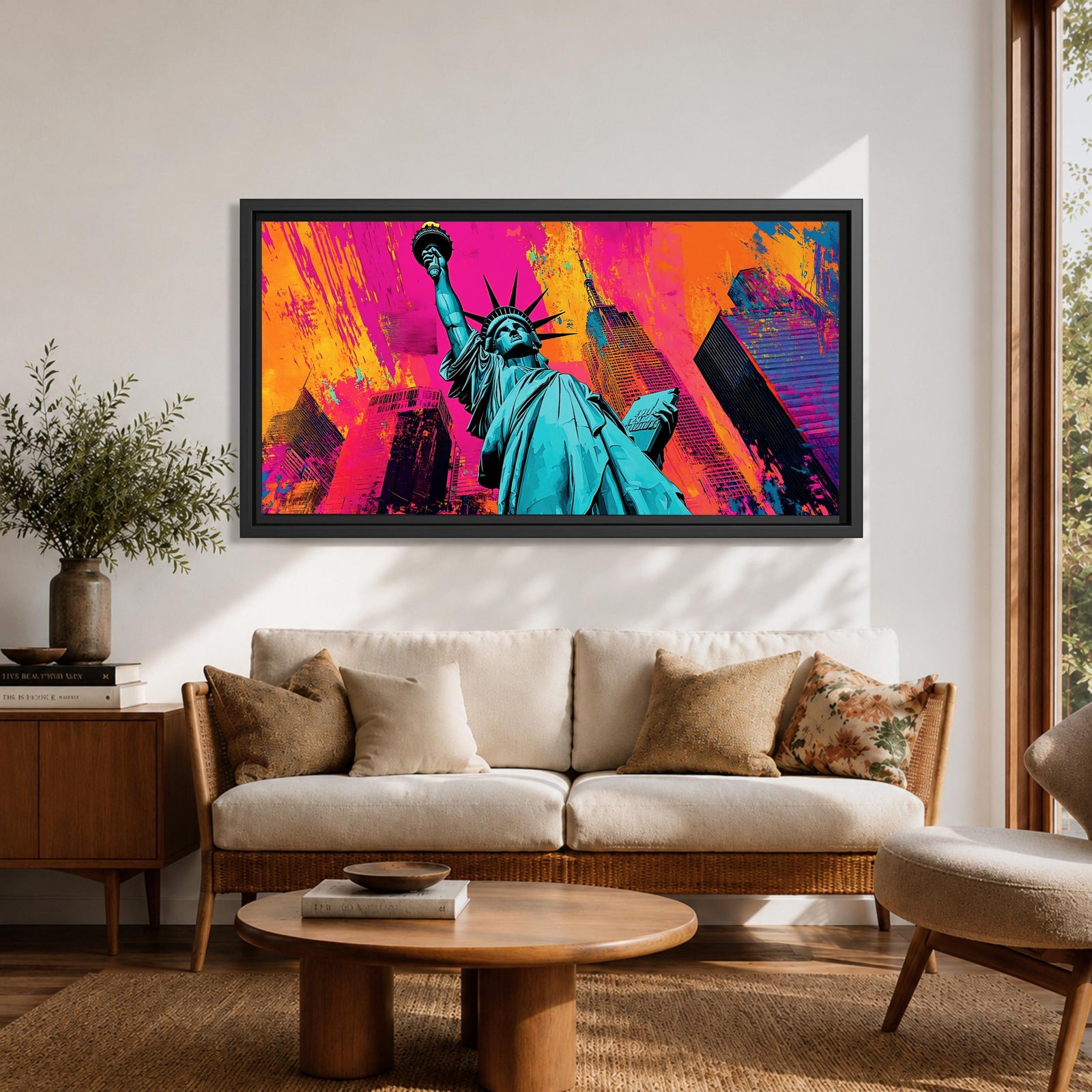 Panoramic pop art painting of the Statue of Liberty with colorful New York skyscrapers and vibrant urban background.