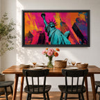 Panoramic pop art painting of the Statue of Liberty with colorful New York skyscrapers and vibrant urban background.