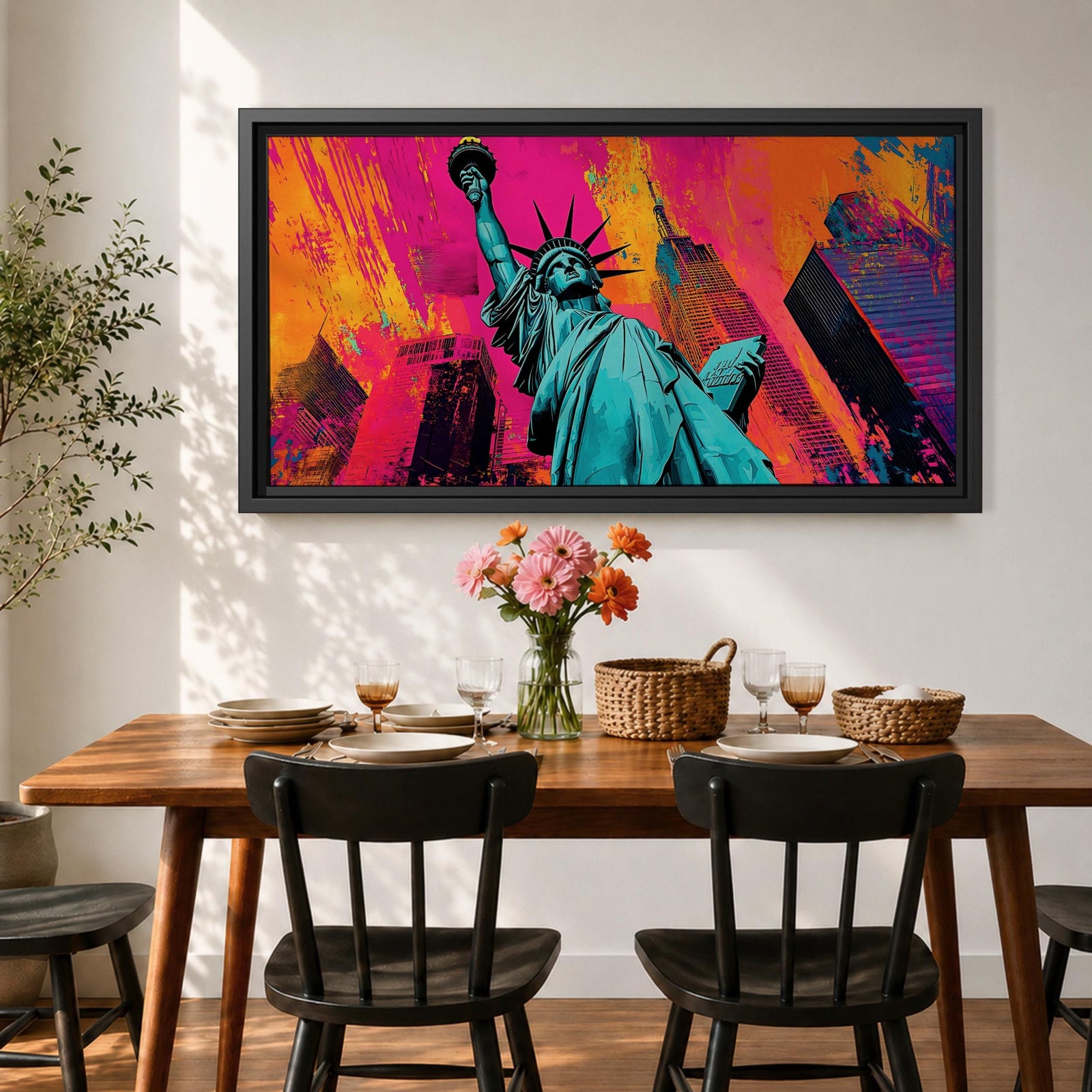 Panoramic pop art painting of the Statue of Liberty with colorful New York skyscrapers and vibrant urban background.