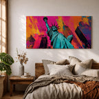 Panoramic pop art painting of the Statue of Liberty with colorful New York skyscrapers and vibrant urban background.