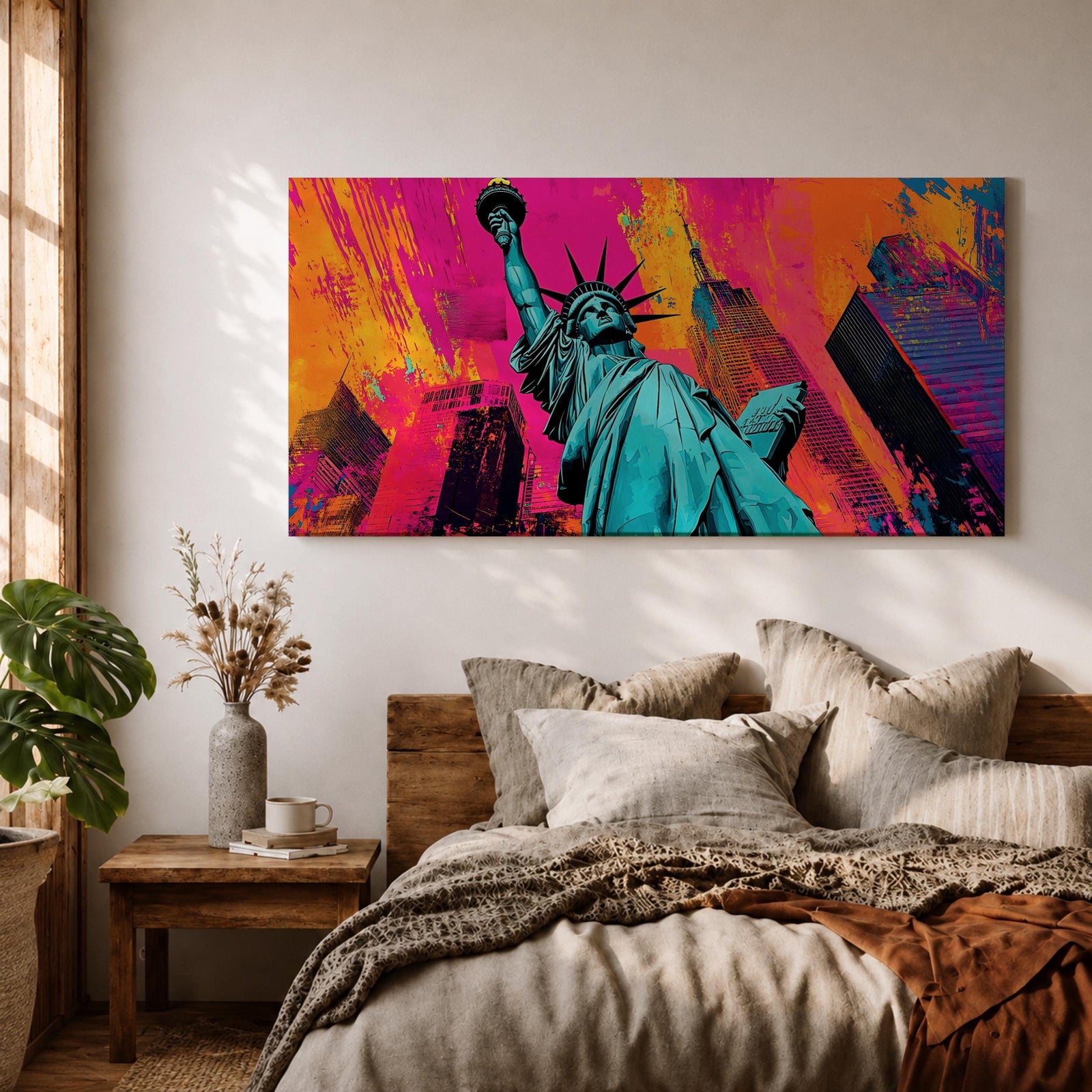 Panoramic pop art painting of the Statue of Liberty with colorful New York skyscrapers and vibrant urban background.