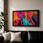 Panoramic pop art painting of the Statue of Liberty with colorful New York skyscrapers and vibrant urban background.