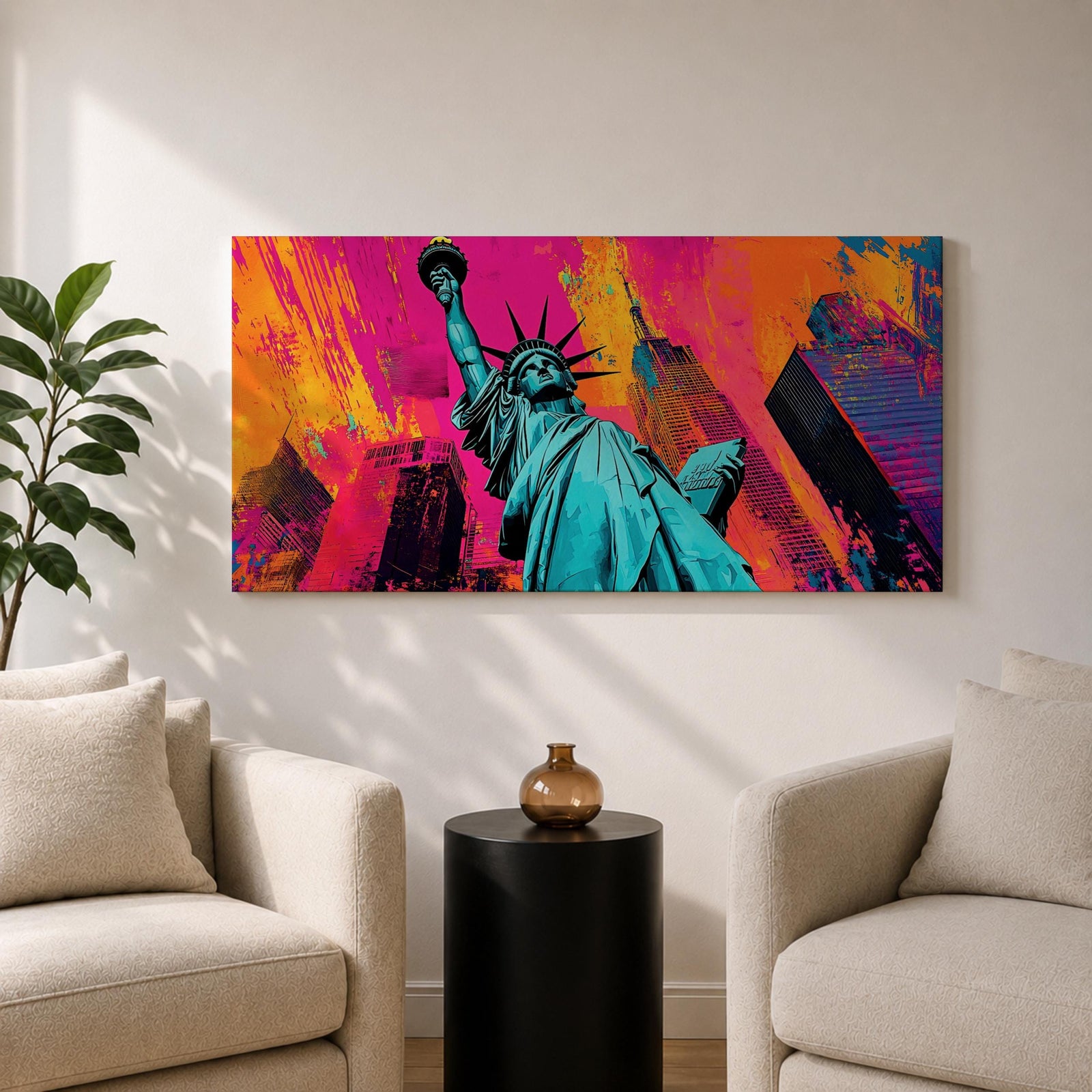 Panoramic pop art painting of the Statue of Liberty with colorful New York skyscrapers and vibrant urban background.