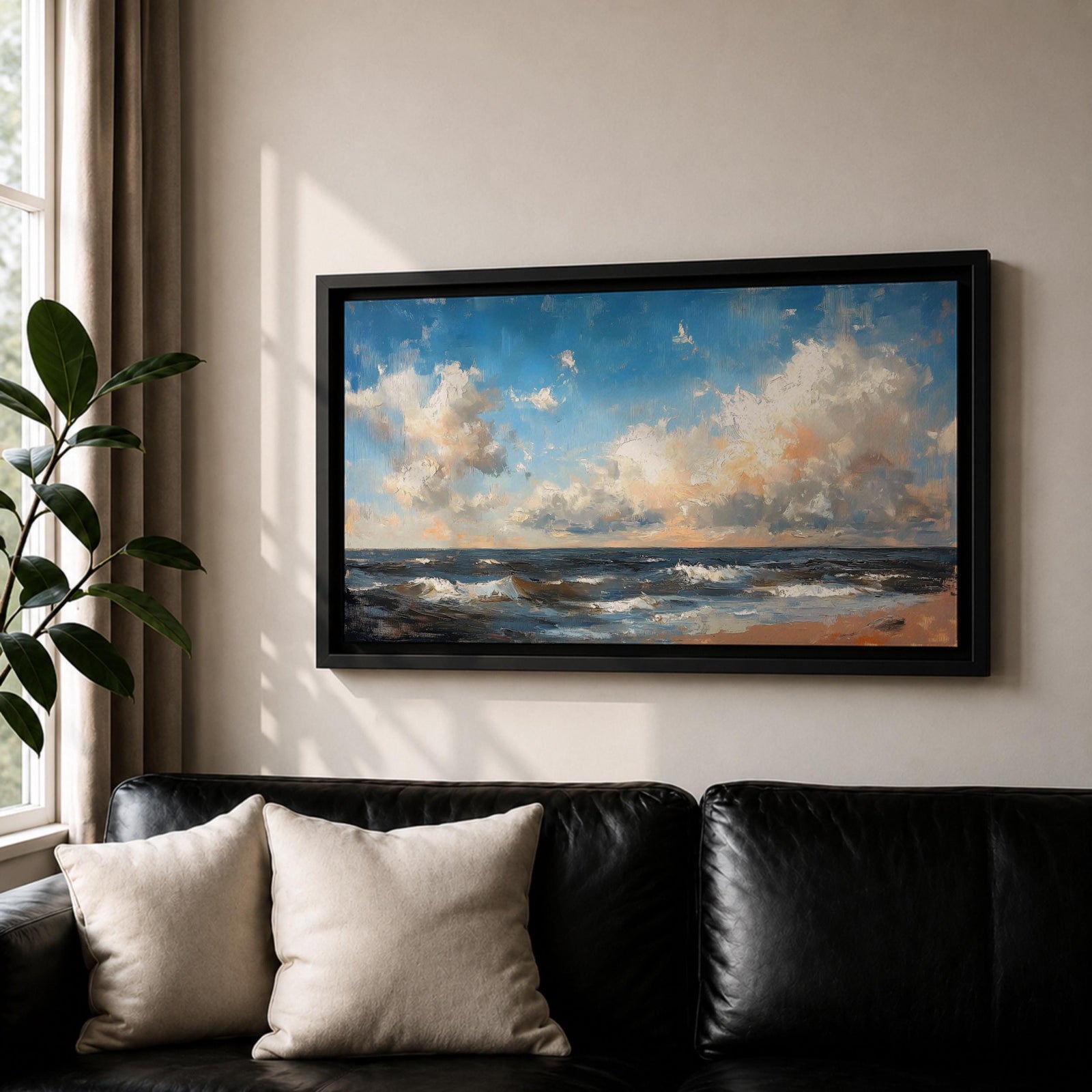A panoramic seascape painting showing rolling ocean waves moving toward a sandy shoreline beneath a wide sky filled with soft clouds and warm light. The composition stretches across the horizon with textured brushstrokes capturing movement in the water and subtle reflections of blue, white and golden tones across the sea.