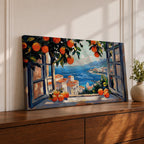 Panoramic painting of an open window overlooking a Mediterranean seaside village with orange trees and blue ocean.