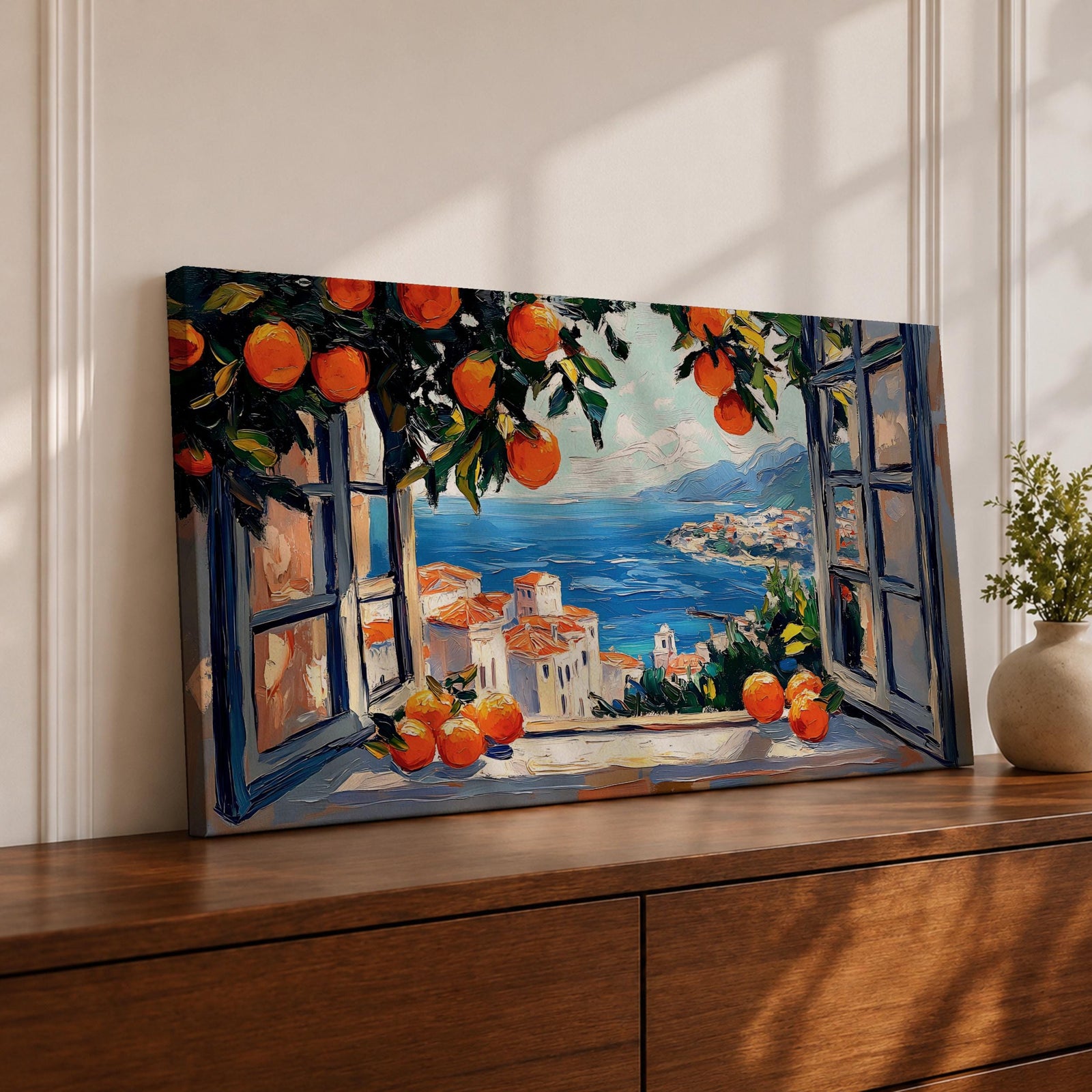 Panoramic painting of an open window overlooking a Mediterranean seaside village with orange trees and blue ocean.