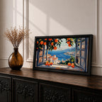 Panoramic painting of an open window overlooking a Mediterranean seaside village with orange trees and blue ocean.
