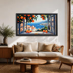 Panoramic painting of an open window overlooking a Mediterranean seaside village with orange trees and blue ocean.