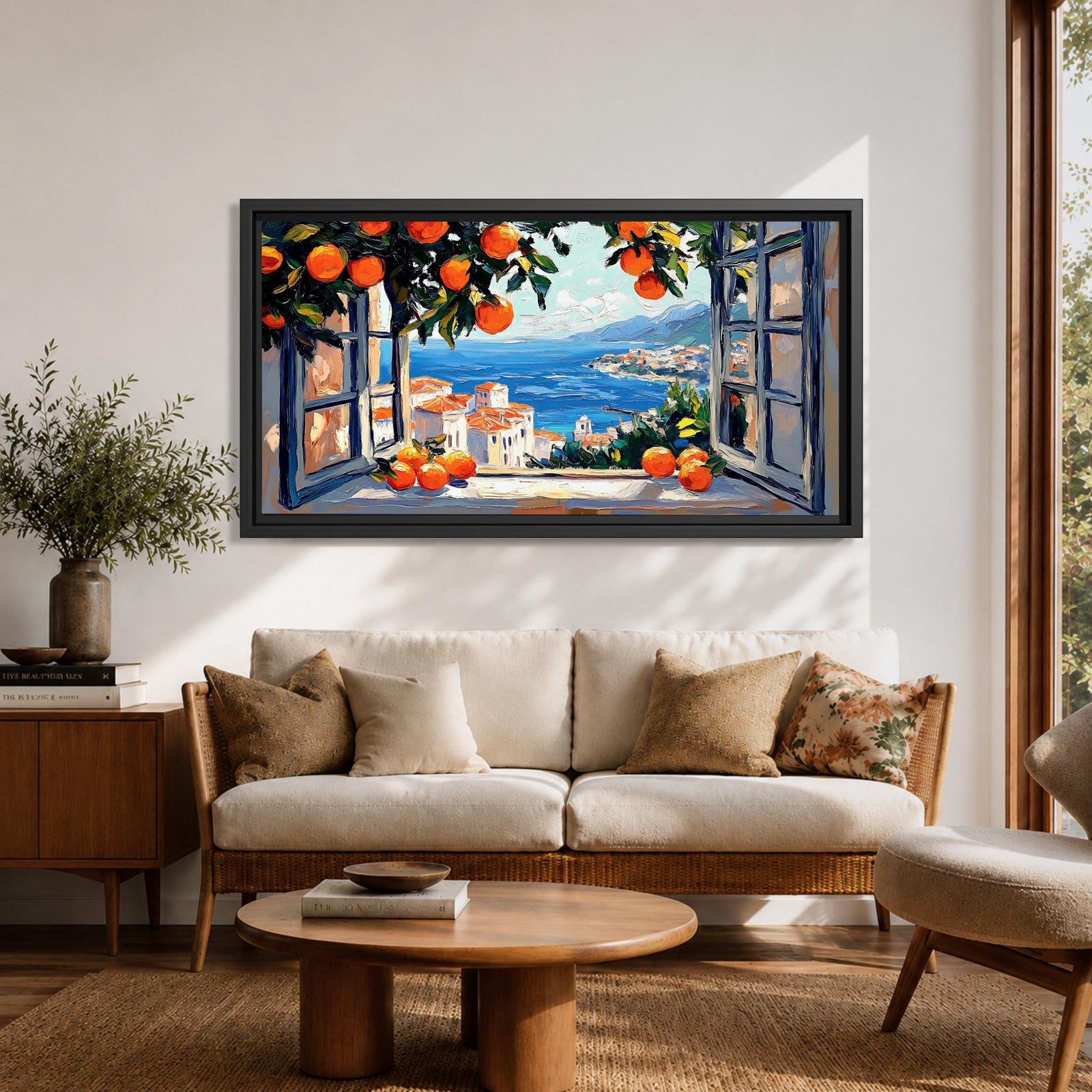 Panoramic painting of an open window overlooking a Mediterranean seaside village with orange trees and blue ocean.