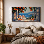Panoramic painting of an open window overlooking a Mediterranean seaside village with orange trees and blue ocean.