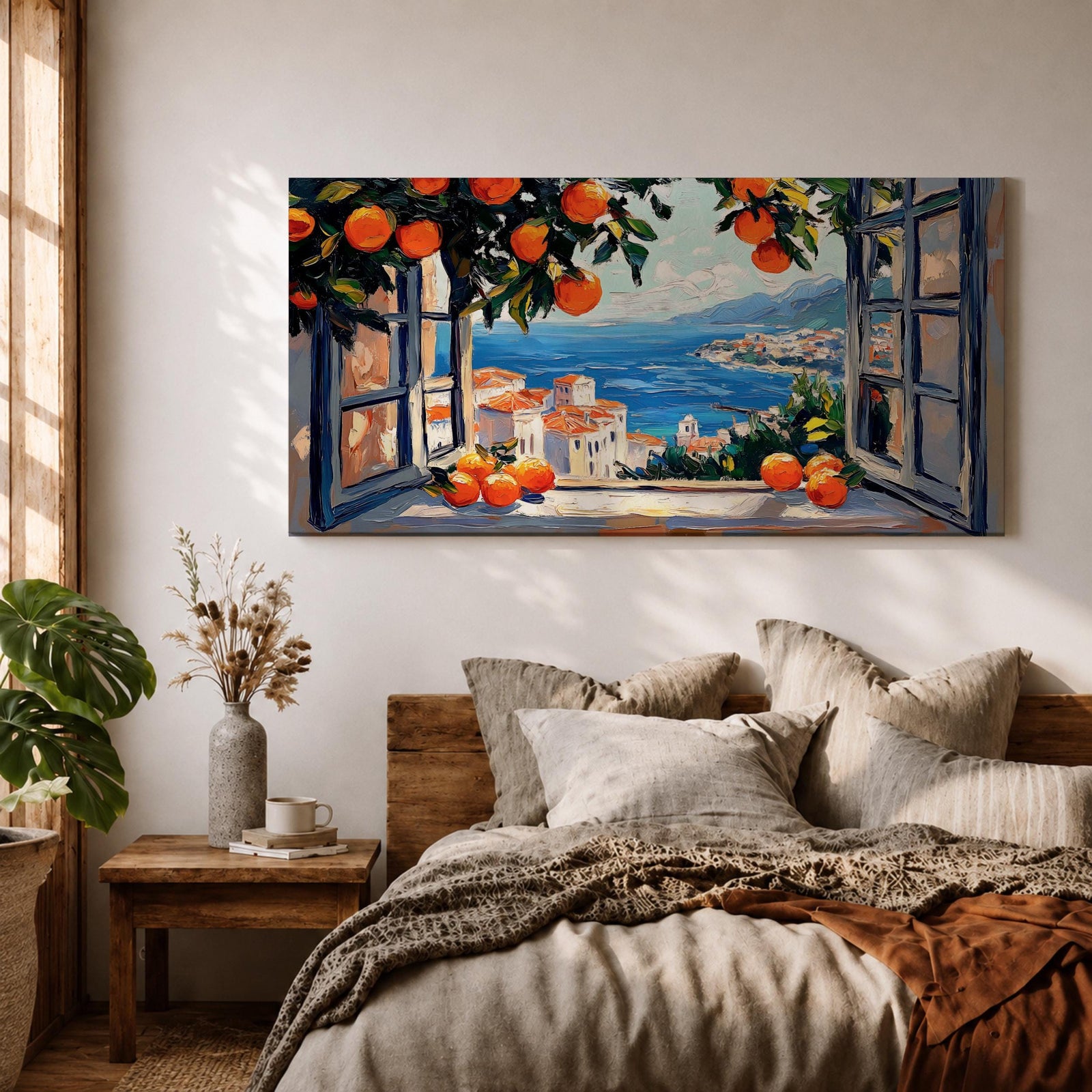 Panoramic painting of an open window overlooking a Mediterranean seaside village with orange trees and blue ocean.