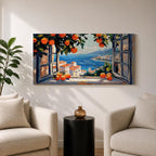 Panoramic painting of an open window overlooking a Mediterranean seaside village with orange trees and blue ocean.